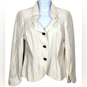 Victor Costa Button Front Blazer in Winter White Tucked Drape Lapel Rounded Cuff